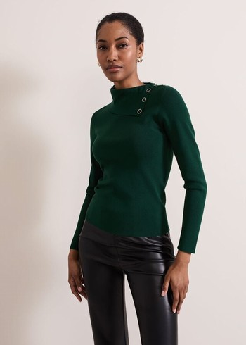 Phase Eight Regina Popper Collar Ribbed Knitwear Green USA | 9230867-SQ